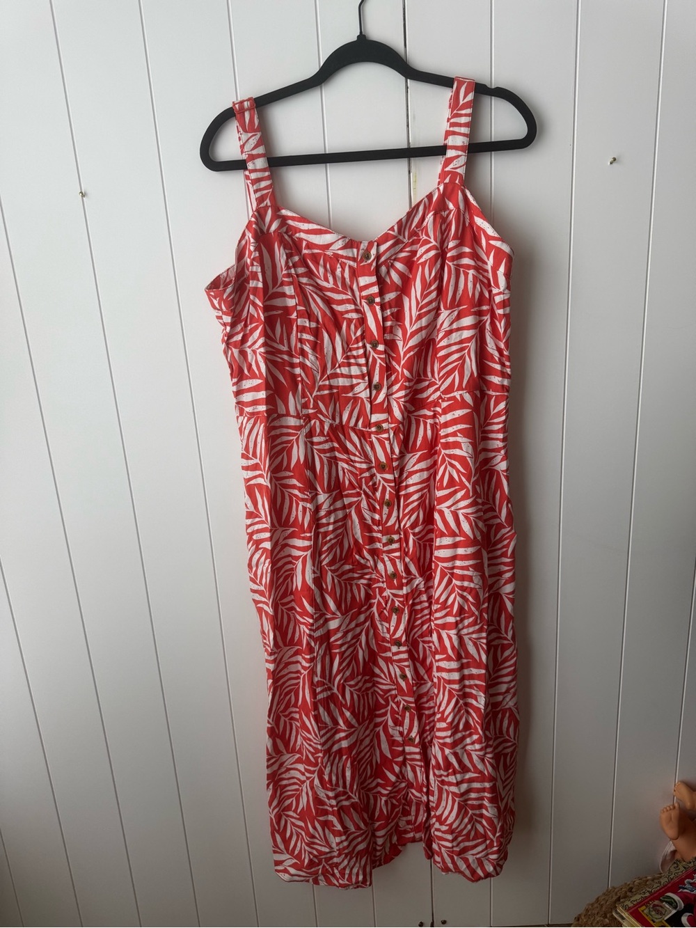 Angels XL Coral White Leaf Tropical Sundress Scoop Neck Button Down Midi Rayon